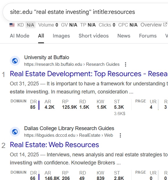 search results example while backlink prospecting
