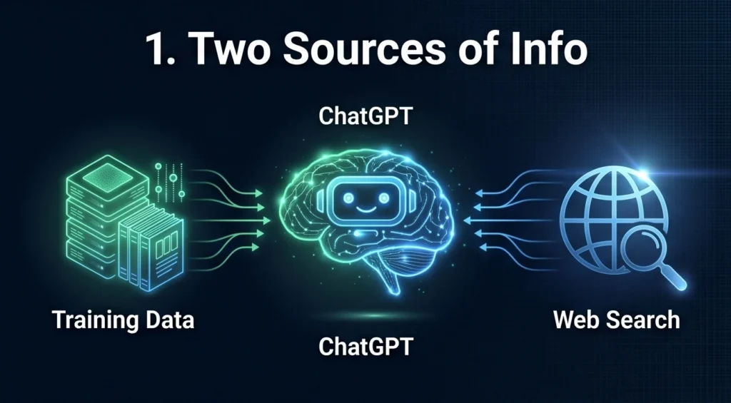 ChatGPT gets information from two sources: its training data and live web search