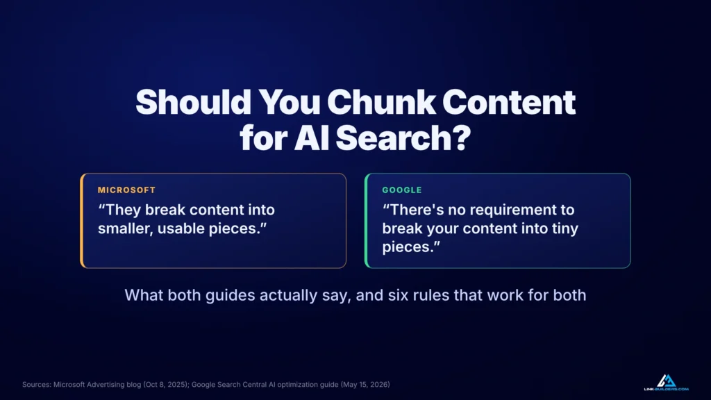 Chunking for AI search: Microsoft says AI breaks content into smaller pieces, Google says there's no requirement to break content into tiny pieces