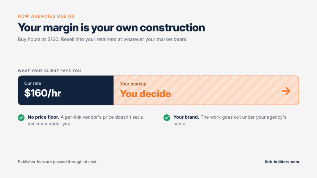 White label reseller pricing: buy link building hours at $160 and set your own markup