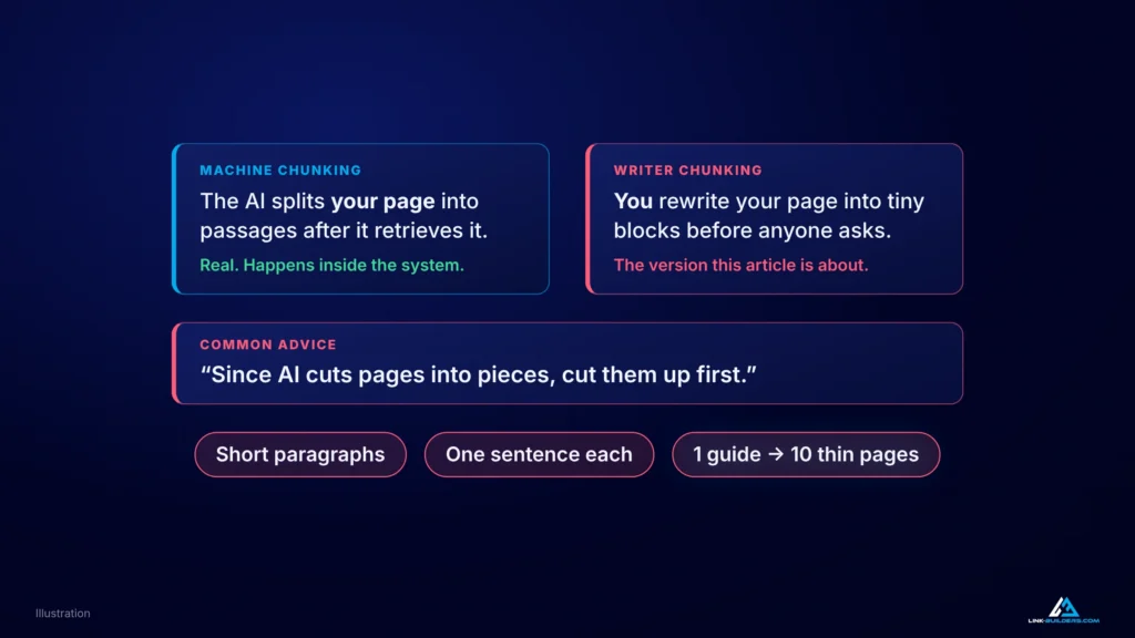 Machine chunking, where the AI splits your page after retrieving it, compared with writer chunking, where you rewrite your page into tiny blocks