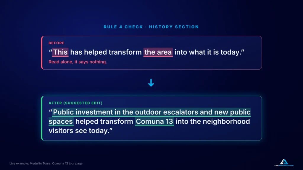 Before and after: a sentence that starts with "this" rewritten to name Comuna 13 and the public investment it refers to