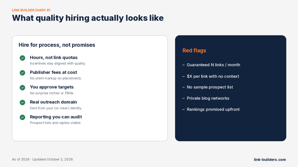 Diary-style hiring checklist: quality signals versus red flags when hiring link builders