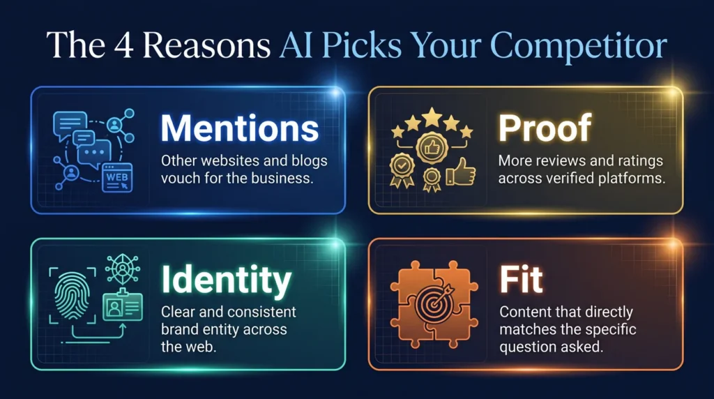 The 4 reasons AI picks your competitor: mentions from other websites, proof from reviews and ratings, a clear and consistent identity, and content that fits the exact question